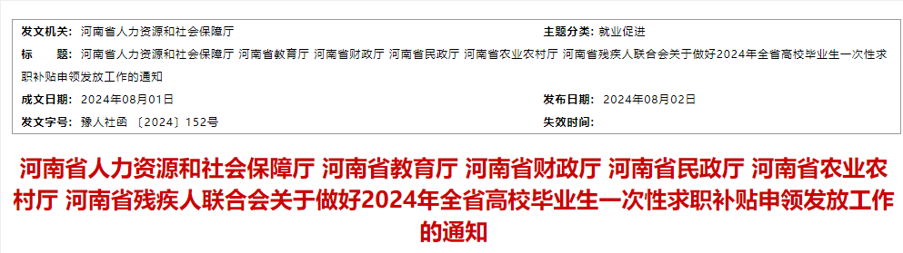 河南省人力资源和社会保障厅 河南省教育厅 河南省财政厅 河南省民政厅 河南省农业农村厅 河南省残疾人联合会关于做好2024年全省高校毕业生一次性求职补贴申领发放工作的通知